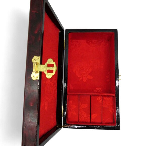 Asian Wooden JEWELRY BOX with 3D Cork Pagoda and Crane Birds Lacquered 9 Inches - Picture 8 of 11